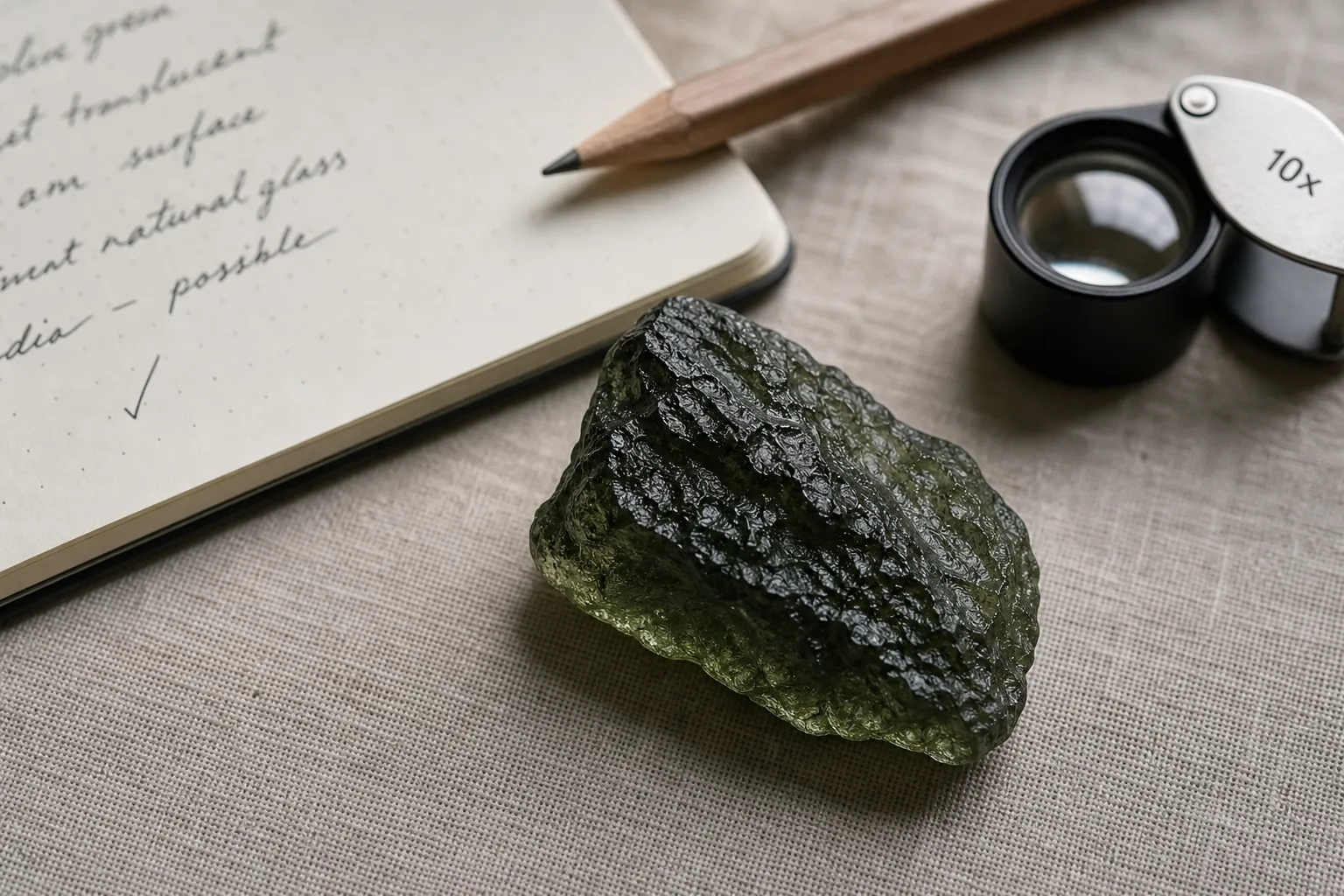 A piece of moldavite placed beside a notebook, emphasizing the difference between a real tektite object and personal symbolic interpretation.