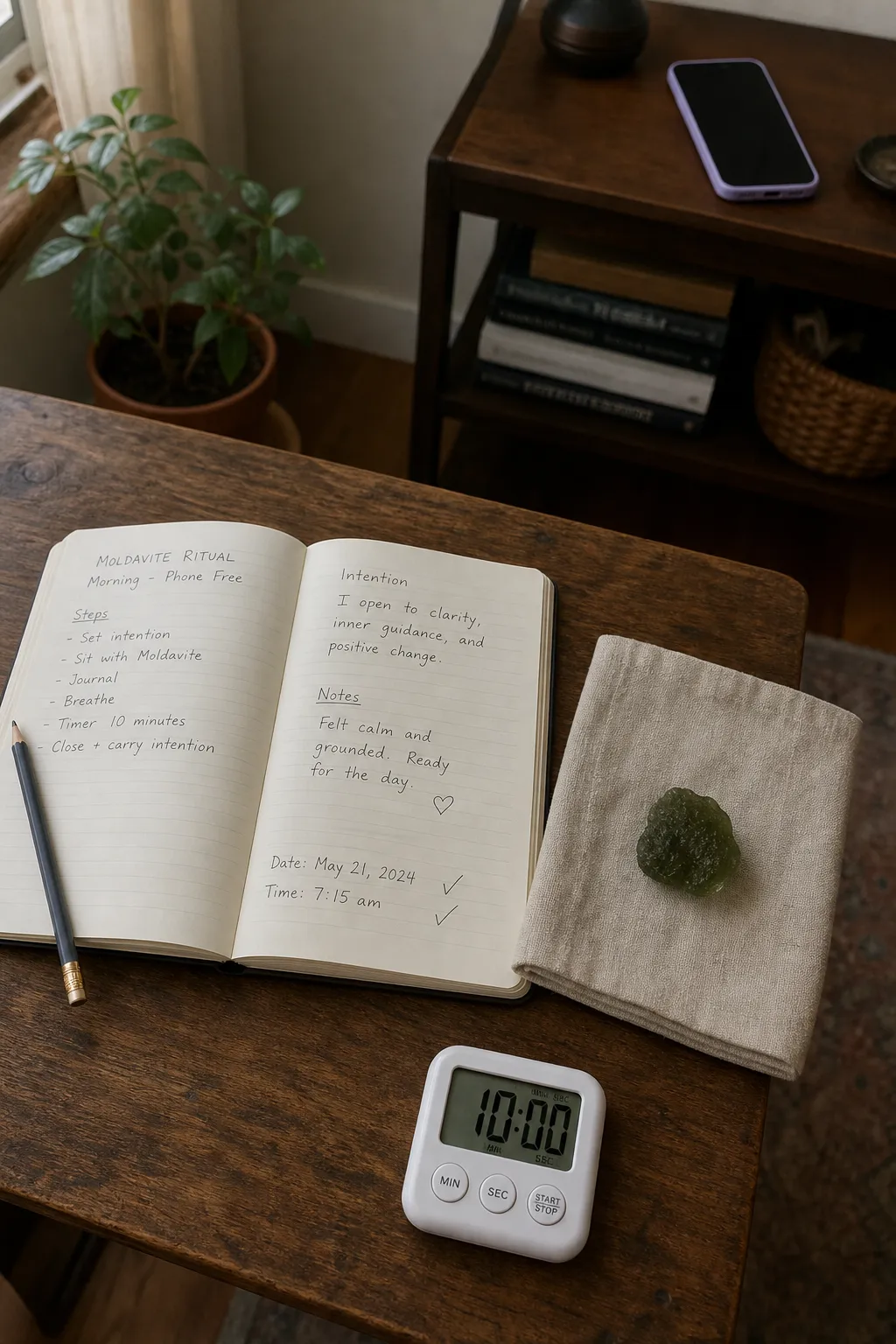 A phone-free Moldavite ritual space with a journal showing the difference between a habit cue and a shielding claim