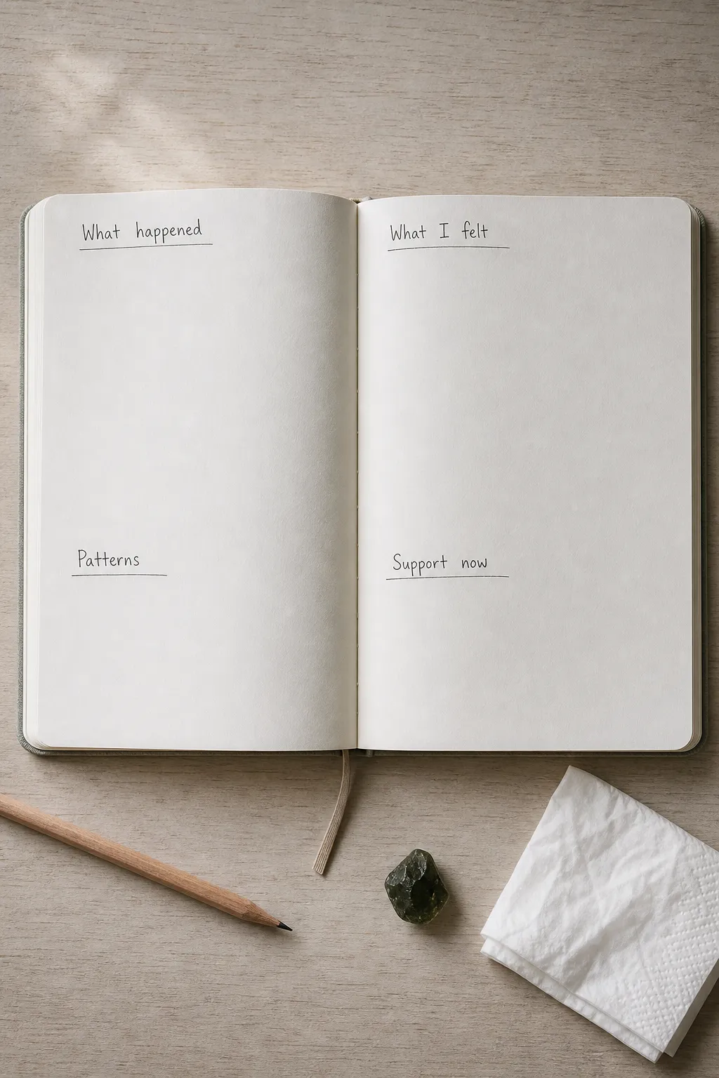 A grounded breakup journal layout with sections for events, feelings, patterns, and next support.